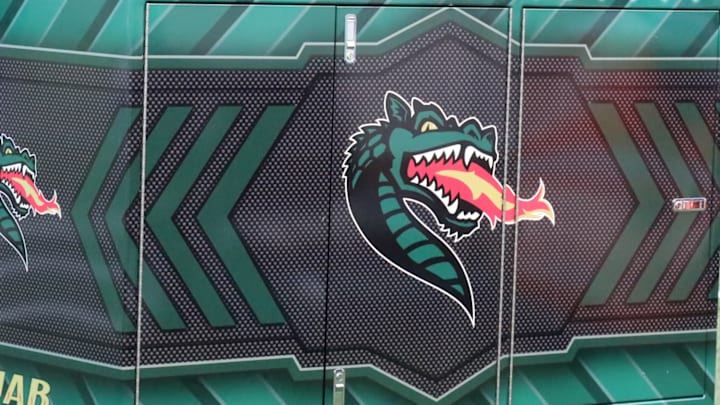 A general view of the UAB logo during a college football game.