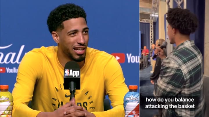Tyrese Haliburton responds to a question from Jared McCain ahead of 2025 NBA Finals. Tyrese Haliburton responds to a question from Jared McCain ahead of 2025 NBA Finals.