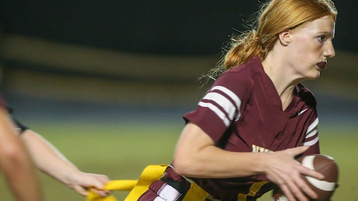 Grace Cato is stopped after a gain during the Niceville Navarre girls flag football game at Niceville..
Niceville Navarre Flag Football Grace Cato is stopped after a gain during the Niceville Navarre girls flag football game at Niceville..
Niceville Navarre Flag Football