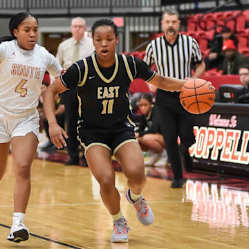 Plano East sophomore guard Arianna Robinson (11) dribbles during a Feb. 14, 2025 game against South Grand Prairie. Robinson is currently playing for Team USA's U16 Women's Junior National Team.