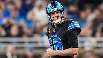 Detroit Lions quarterback Jared Goff (16) reacts after failing to convert a fourth down against the Minnesota Vikings during the first half at Ford Field in Detroit on Sunday, Jan. 5, 2025.