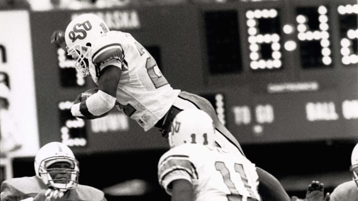 Barry Sanders during No. 10 Oklahoma State's 63–42 loss to No. 7 Nebraska on Oct. 15, 1988.