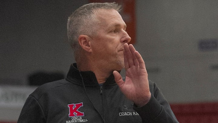 King's Academy girls basketball coach Chris Race instructs his players against Cardinal Mooney High School during their FHSAA Girls 3A girls semifinal basketball game at The RP Funding Center in Lakeland Wednesday. February 22, 2023. King's Academy girls basketball coach Chris Race instructs his players against Cardinal Mooney High School during their FHSAA Girls 3A girls semifinal basketball game at The RP Funding Center in Lakeland Wednesday. February 22, 2023.
