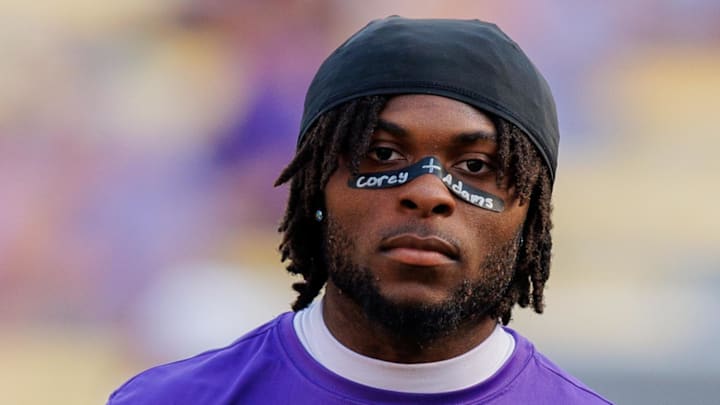 Sep 20, 2025; Baton Rouge, Louisiana, USA;  LSU Tigers wide receiver TaRon Francis (83) during warmups before the game against the Southeastern Louisiana Lions at Tiger Stadium. Mandatory Credit: Stephen Lew-Imagn Images