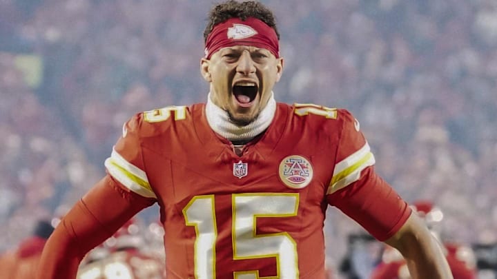 Dec 7, 2025; Kansas City, Missouri, USA; Kansas City Chiefs quarterback Patrick Mahomes (15) yells prior to the game against the Houston Texans at GEHA Field at Arrowhead Stadium.
