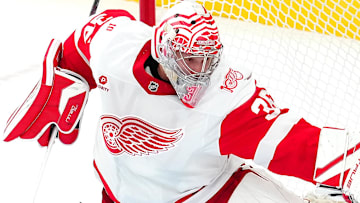 Nov 4, 2025; Las Vegas, Nevada, USA; Detroit Red Wings goaltender John Gibson (36) makes a save against Vegas Golden Knights right wing Reilly Smith (19) during the third period at T-Mobile Arena. Mandatory Credit: Stephen R. Sylvanie-Imagn Images