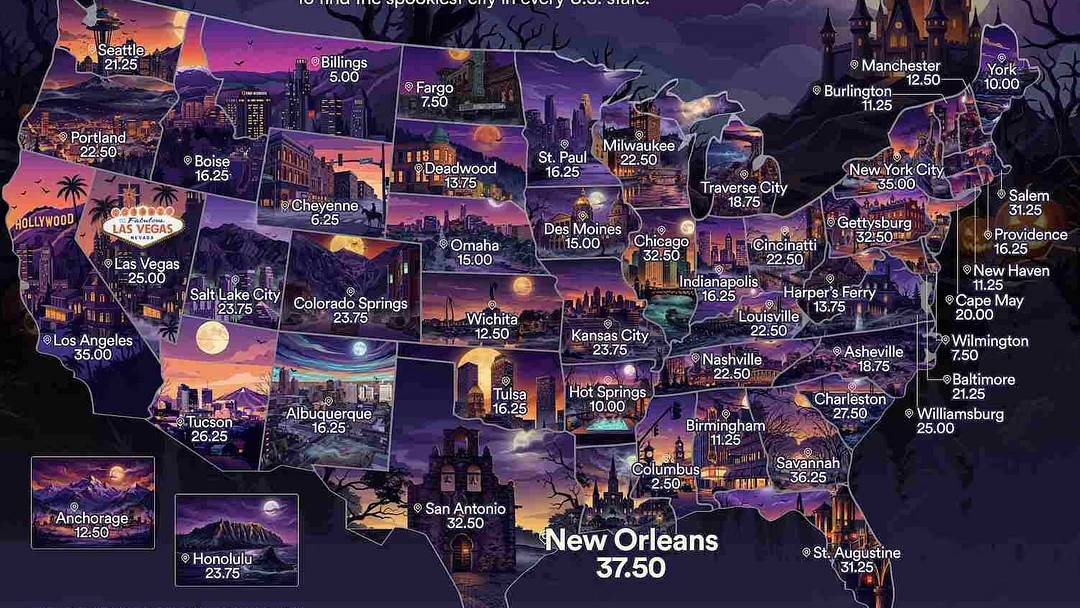 Map showing the spookiest cities in every U.S. state Map showing the spookiest cities in every U.S. state