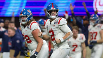 Dec 30, 2023; Atlanta, GA, USA; Mississippi Rebels quarterback Jaxson Dart (2) reacts after a touchdown throw against the Penn State Nittany Lions in the second half at Mercedes-Benz Stadium. Mandatory Credit: Brett Davis-USA TODAY Sports