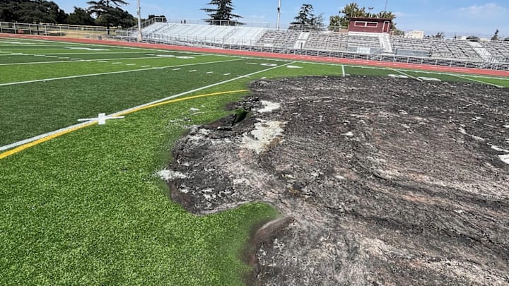 Closer photo of even more charred remains from a fire that destroyed a portion of Mt. Diablo High School's new $3 million field that gas been repaired. The Red Devils are set to return to Hart Fairclough Stadium on Friday. | Photo by Jay Bedecarre/Concord Clayton Pioneer Closer photo of even more charred remains from a fire that destroyed a portion of Mt. Diablo High School's new $3 million field that gas been repaired. The Red Devils are set to return to Hart Fairclough Stadium on Friday. | Photo by Jay Bedecarre/Concord Clayton Pioneer