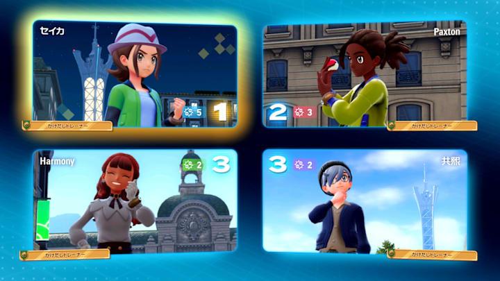 A status screen for Pokemon Legends Z-A's multiplayer battles, showing four players after a battle with points assign