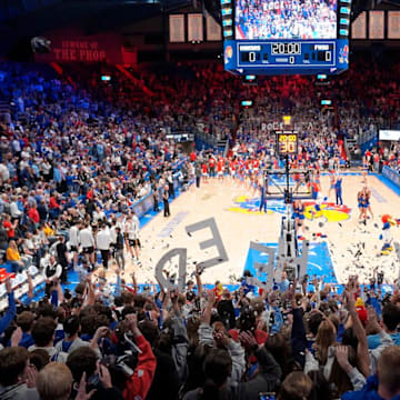 Kansas Jayhawks fans yell out before the exhibition game against Fort Hays State Tigers inside Allen Fieldhouse on Tuesday, October, 28, 2025.