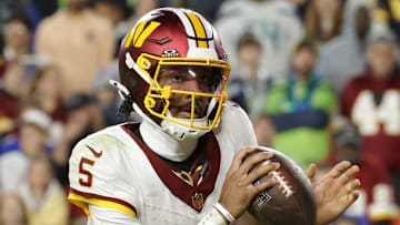 Nov 2, 2025; Landover, Maryland, USA; Washington Commanders quarterback Jayden Daniels (5) Mandatory Credit: Amber Searls-Imagn Images