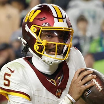 Nov 2, 2025; Landover, Maryland, USA; Washington Commanders quarterback Jayden Daniels (5) Mandatory Credit: Amber Searls-Imagn Images