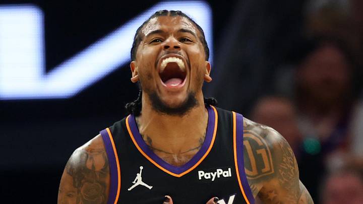 Phoenix Suns guard Jalen Green (4) reacts against the Portland Trail Blazers in the first half during the play-in rounds of the 2026 NBA Playoffs at Mortgage Matchup Center on April 14, 2026.