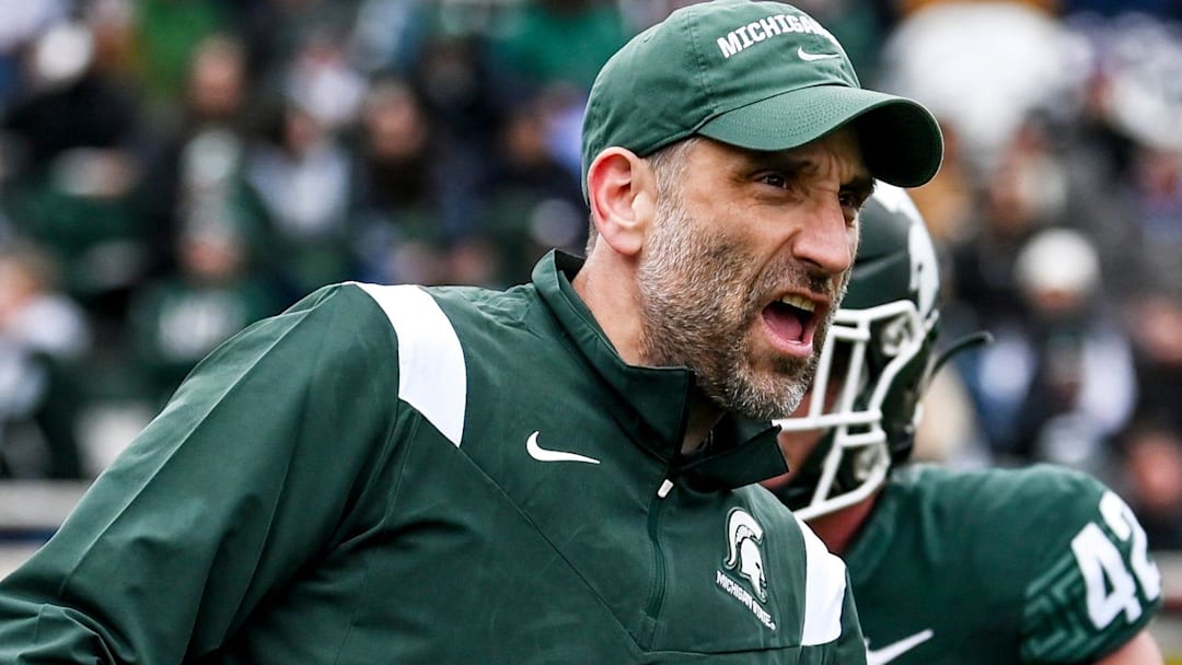 Michigan State's defensive coordinator Joe Rossi works with the linebackers during the Spring Showcase on Saturday, April 20, 2024, at Spartan Stadium in East Lansing.
