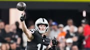 Dec 7, 2025; Paradise, Nevada, USA;  Las Vegas Raiders quarterback Kenny Pickett (15) throws downfield against the Denver Broncos during the second half at Allegiant Stadium. Mandatory Credit: Stephen R. Sylvanie-Imagn Images