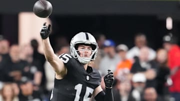 Dec 7, 2025; Paradise, Nevada, USA;  Las Vegas Raiders quarterback Kenny Pickett (15) throws downfield against the Denver Broncos during the second half at Allegiant Stadium. Mandatory Credit: Stephen R. Sylvanie-Imagn Images
