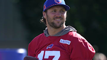 Buffalo Bills quarterback Josh Allen is all smiles during opening day of the Buffalo Bills training camp at St. John Fisher University in Pittsford on July 23, 2025.