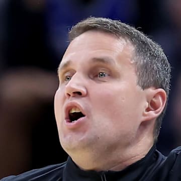 Mar 21, 2024; Salt Lake City, UT, USA; McNeese State Cowboys head coach Will Wade during the first half in the first round of the 2024 NCAA Tournament against the Gonzaga Bulldogs at Vivint Smart Home Arena-Delta Center. Mandatory Credit: Rob Gray-Imagn Images