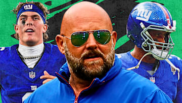 Jaxon Dart (L), Brian Daboll (M), and Russell Wilson (R)