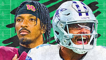 Washington Commanders QB Jayden Daniels (L) and Dallas Cowboys QB Dak Prescott (R)
