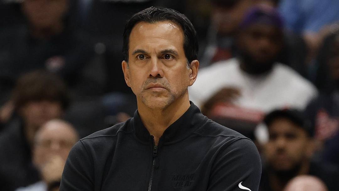 Apr 10, 2026; Washington, District of Columbia, USA; Miami Heat head coach Erik Spoelstra looks on from the bench against the Washington Wizards in the second half at Capital One Arena. Mandatory Credit: Geoff Burke-Imagn Images Apr 10, 2026; Washington, District of Columbia, USA; Miami Heat head coach Erik Spoelstra looks on from the bench against the Washington Wizards in the second half at Capital One Arena. Mandatory Credit: Geoff Burke-Imagn Images