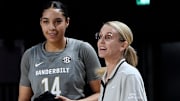 Vanderbilt head coach Shea Ralph talks with forward Aiyana Mitchell (14) during an NCAA college basketball game against Appalachian State Sunday, Dec. 1, 2024, in Nashville, Tenn.