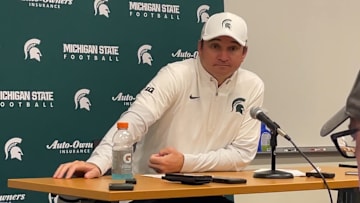 Michigan State head coach Jonathan Smith talks after a 38-13 loss to the Indiana Hoosiers in Bloomington, Ind.