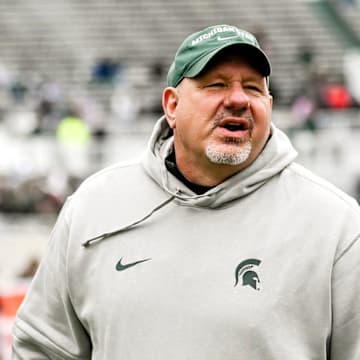 Michigan State offensive line coach Jim Michalczik works with players during the Spring Showcase on Saturday, April 20, 2024, at Spartan Stadium in East Lansing.