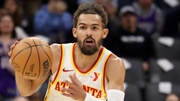 Trae Young #11 of the Atlanta Hawks looks to make a play against the Sacramento Kings.