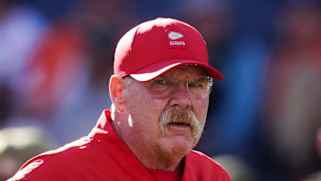Nov 16, 2025; Denver, Colorado, USA; Kansas City Chiefs head coach Andy Reid before the game against the Denver Broncos at Empower Field at Mile High. Mandatory Credit: Ron Chenoy-Imagn Images