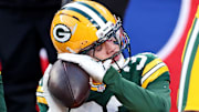 Green Bay Packers safety Evan Williams (33) celebrates after making the game-saving interception against the Giants.
