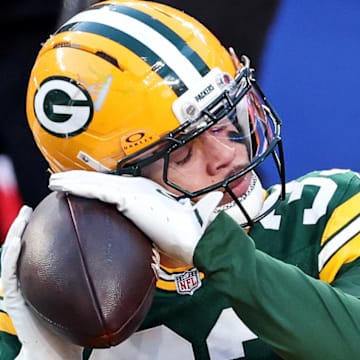 Green Bay Packers safety Evan Williams (33) celebrates after making the game-saving interception against the Giants.