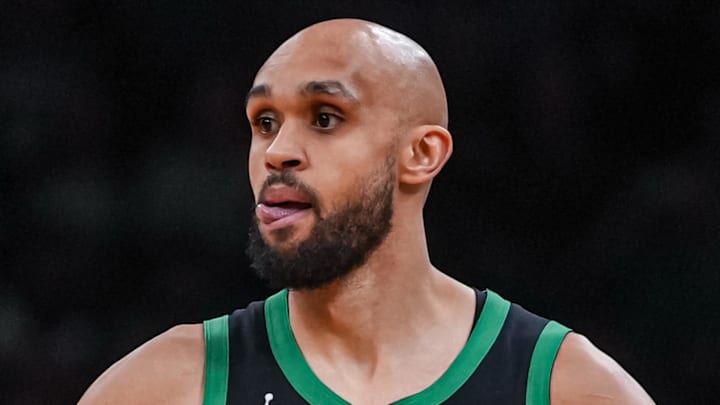 Apr 28, 2026; Boston, Massachusetts, USA; Boston Celtics guard Derrick White (9) returns the ball against the Philadelphia 76ers in the second half during game five of the first round of the 2026 NBA Playoffs at TD Garden. Mandatory Credit: David Butler II-Imagn Images