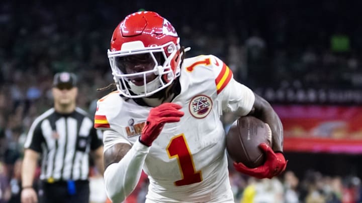 Kansas City Chiefs receiver Xavier Worthy runs with the ball during Super Bowl LIX. Kansas City Chiefs receiver Xavier Worthy runs with the ball during Super Bowl LIX.