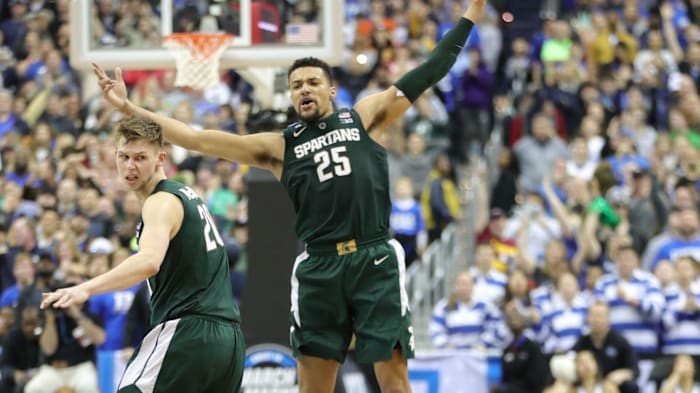 MSU's Kenny Goins reacts after landing a late 3-point shot to lift MSU over Duke in the NCAA