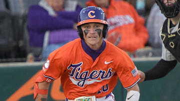 Clemson outfielder Cam Cannarella (10) bats against Wake Forest University during the bottom of the fifth inning at Doug Kingsmore Stadium in Clemson, S.C. Friday, March 21, 2025.