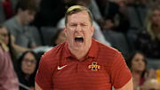 Nov 25, 2025; Las Vegas, Nevada, USA; Iowa State Cyclones head coach T.J. Otzelberger reacts during the second half in a 2025 Players Era Festival group play game against the Creighton Bluejays at Michelob Ultra Arena. 