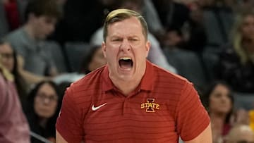 Nov 25, 2025; Las Vegas, Nevada, USA; Iowa State Cyclones head coach T.J. Otzelberger reacts during the second half in a 2025 Players Era Festival group play game against the Creighton Bluejays at Michelob Ultra Arena. 