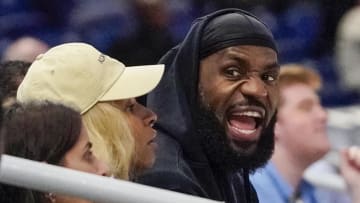 May 15, 2024; Chicago, IL, USA; LeBron James and his wife Savannah Brinson watch Bronny James participate in the 2024 NBA Draft Combine at Wintrust Arena. Mandatory Credit: David Banks-USA TODAY Sports