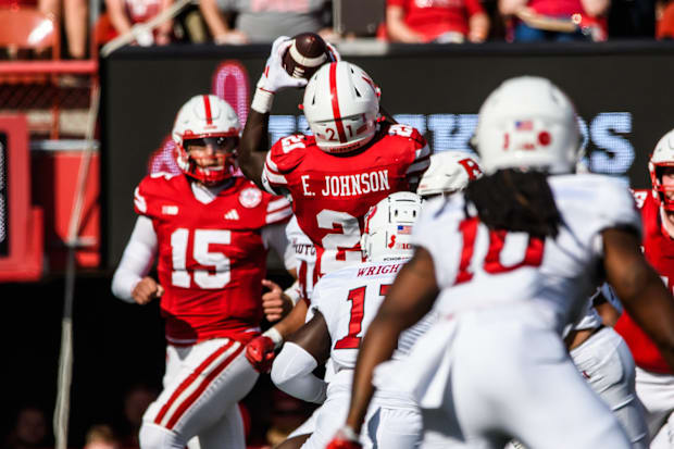 Nebraska running back Emmett Johnson catches a pass in the first quarter against Rutgers.