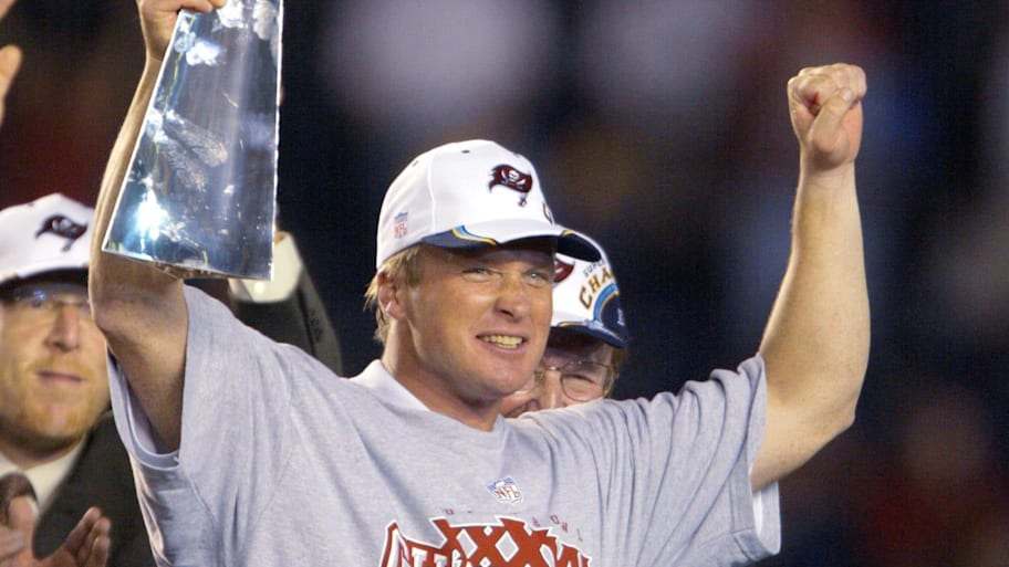 Tampa Bay Buccaneers head coach Jon Gruden holds up the Vince Lombardi Trophy after winning Super Bowl XXXVIII. | ROBERT HANASHIRO / USA TODAY NETWORK
