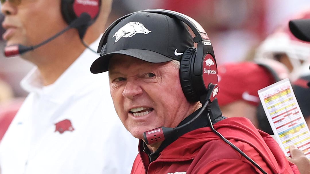 Arkansas Razorbacks interim coach Bobby Petrino shouts at a referee at Donald W. Reynolds Razorback Stadium. He's now 0-3 as the Hogs' interim coach.