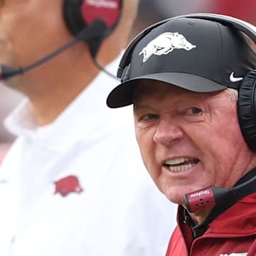 Arkansas Razorbacks interim coach Bobby Petrino shouts at a referee at Donald W. Reynolds Razorback Stadium. He's now 0-3 as the Hogs' interim coach.