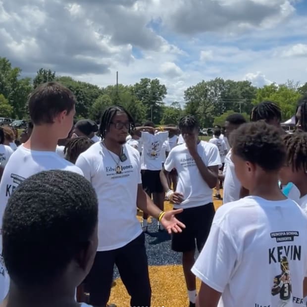 Missouri football wide receiver Kevin Coleman Jr. speaks to attendees of his youth football camp in St. Louis.