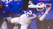 Florida Gators defensive back Dijon Johnson (27) intercepts the ball but was called back during the second half at Ben Hill Griffin Stadium in Gainesville, FL on Saturday, November 23, 2024. The Gators defeated the Rebels 24-17 [Doug Engle/Gainesville Sun]
