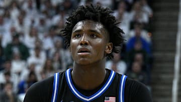 Dec 6, 2025; East Lansing, Michigan, USA;  Duke Blue Devils center Patrick Ngongba (21) during the first half against the Michigan State Spartans at Jack Breslin Student Events Center. Mandatory Credit: Dale Young-Imagn Images