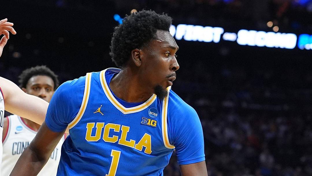 Mar 22, 2026; Philadelphia, PA, USA; UCLA Bruins center Xavier Booker (1) dribbles the ball against the UConn Huskies in the first half during a second round game of the men's 2026 NCAA Tournament at Xfinity Mobile Arena. Mandatory Credit: Kyle Ross-Imagn Images