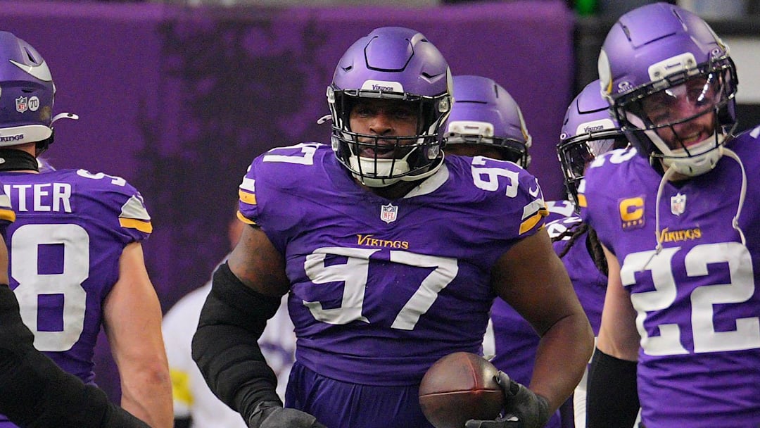 Dec 7, 2025; Minneapolis, Minnesota, USA; Minnesota Vikings nose tackle Javon Hargrave (97) reacts against the Washington Commanders during the second half at U.S. Bank Stadium. Mandatory Credit: Brad Rempel-Imagn Images