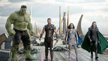 Marvel Studios' THOR: RAGNAROK..L to R: Hulk (Mark Ruffalo), Thor (Chris Hemsworth), Valkyrie (Tessa Thompson) and Loki (Tom Hiddleston)..Ph: Teaser Film Frame..©Marvel Studios 2017